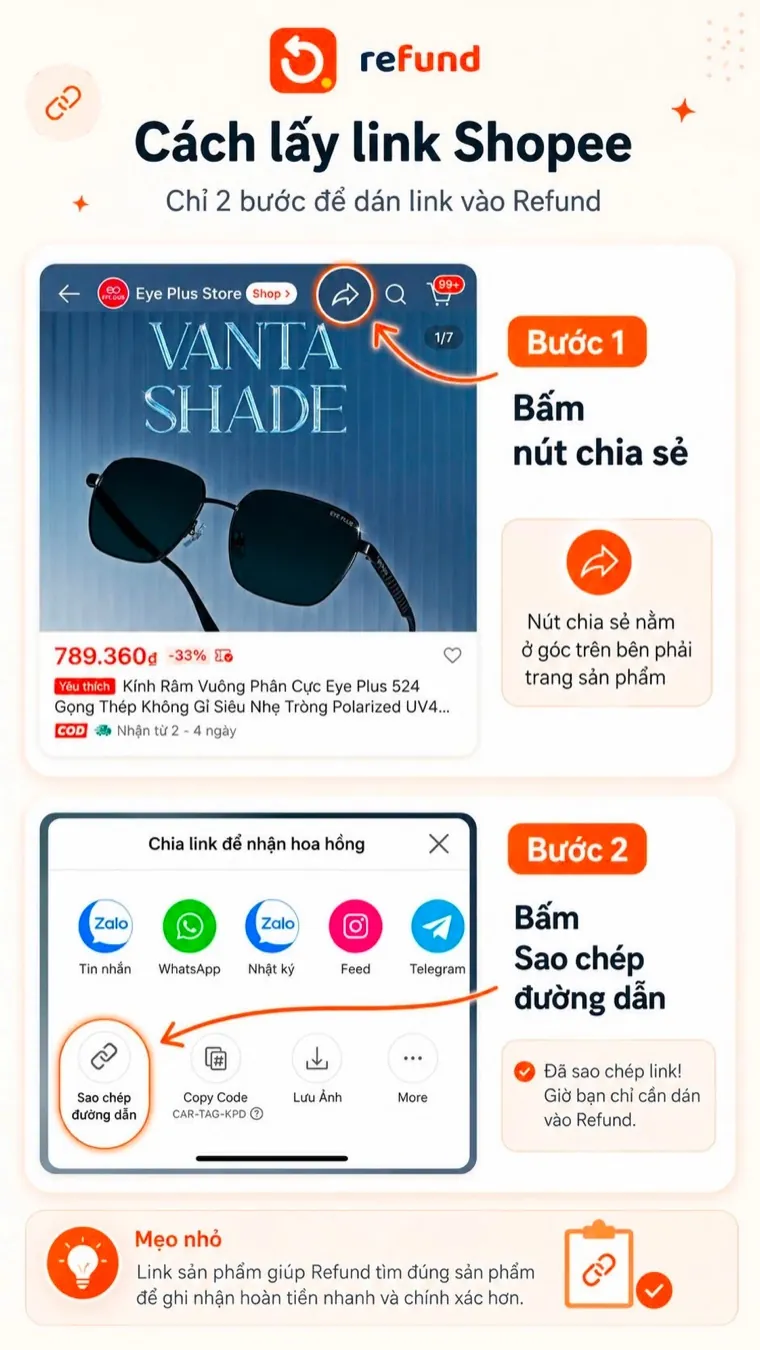 Cách lấy link sản phẩm Shopee: bấm nút chia sẻ ở góc trên bên phải rồi chọn Sao chép đường dẫn